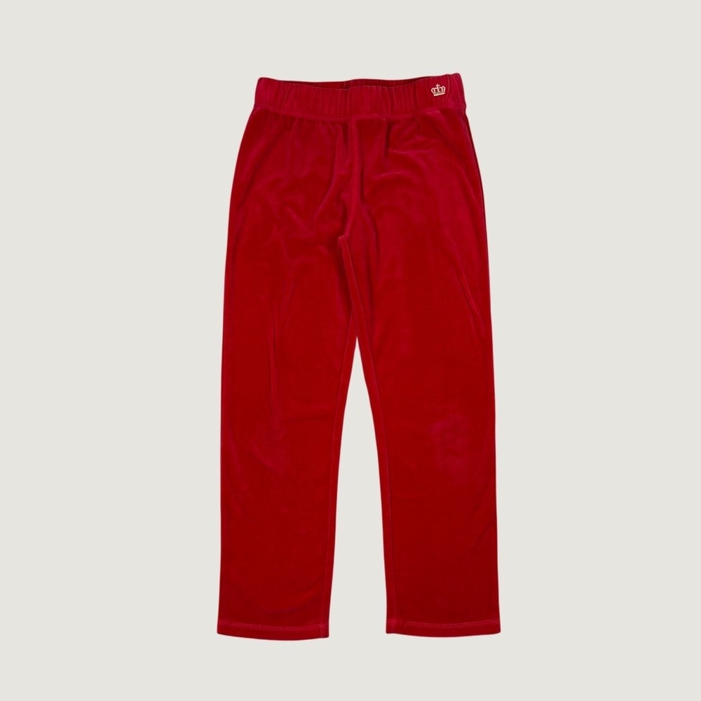 Juicy Couture Kids Red Velour Track Pants Gold Crown Logo Joggers Y2K Style